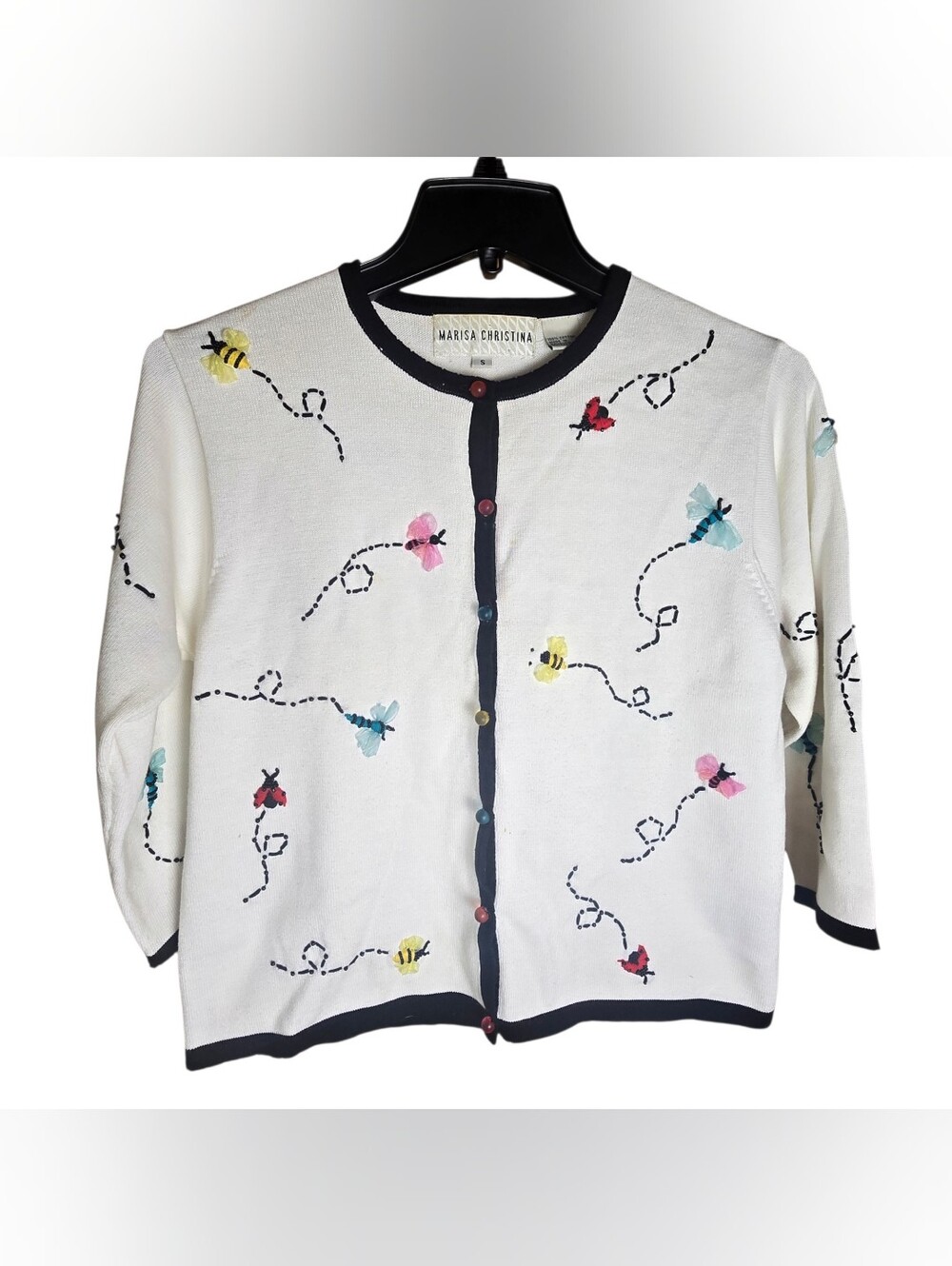 Vintage Ladybug Bumblebee Beaded Buttondown Cardigan Size Small